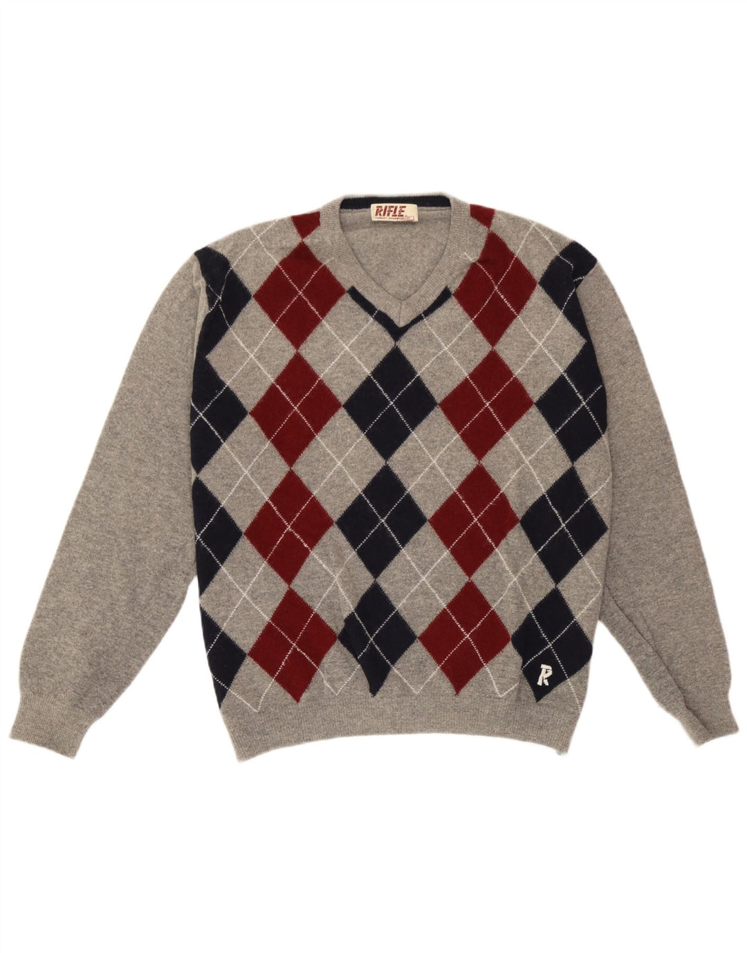 Męski sweter karabinowy z dekoltem w szpic, duży, szary, argyle/diamentowa wełna
