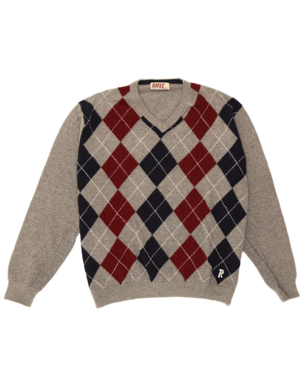 Męski sweter karabinowy z dekoltem w szpic, duży, szary, argyle/diamentowa wełna
