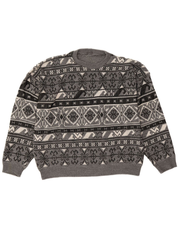 Vintage męski sweter z okrągłym dekoltem, duży szary Fair Isle