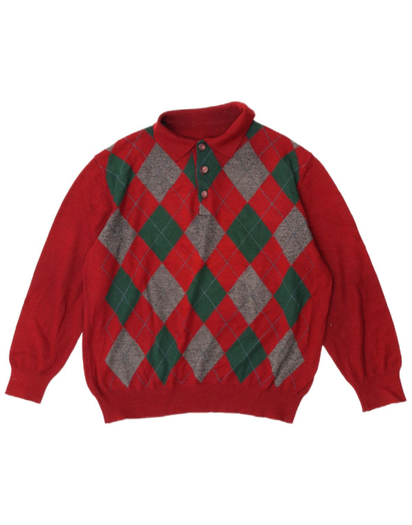 Męski sweter polo VINTAGE, duży, czerwony, argyle/diament