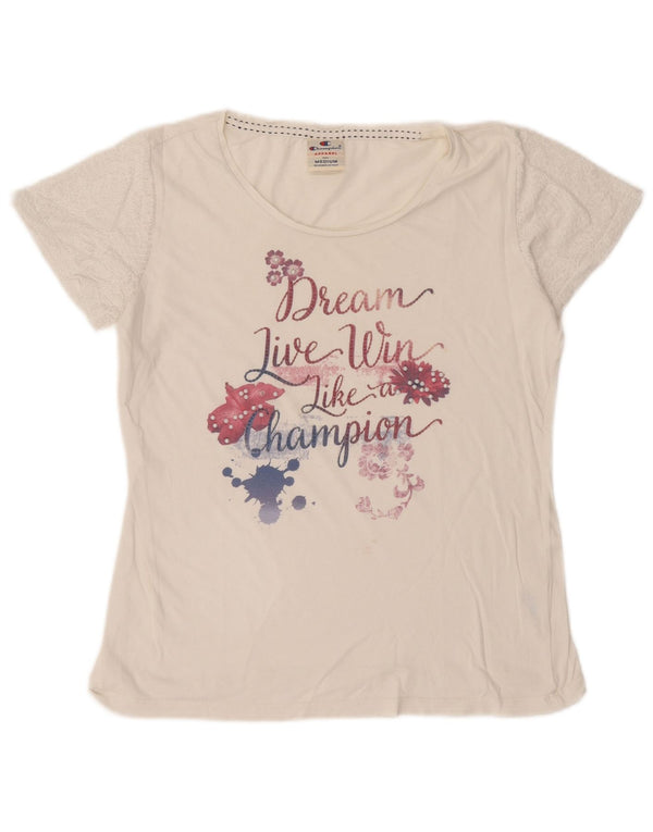 Champion Womens Graphic T-Shirt Top UK 14 Medium White Cotton
