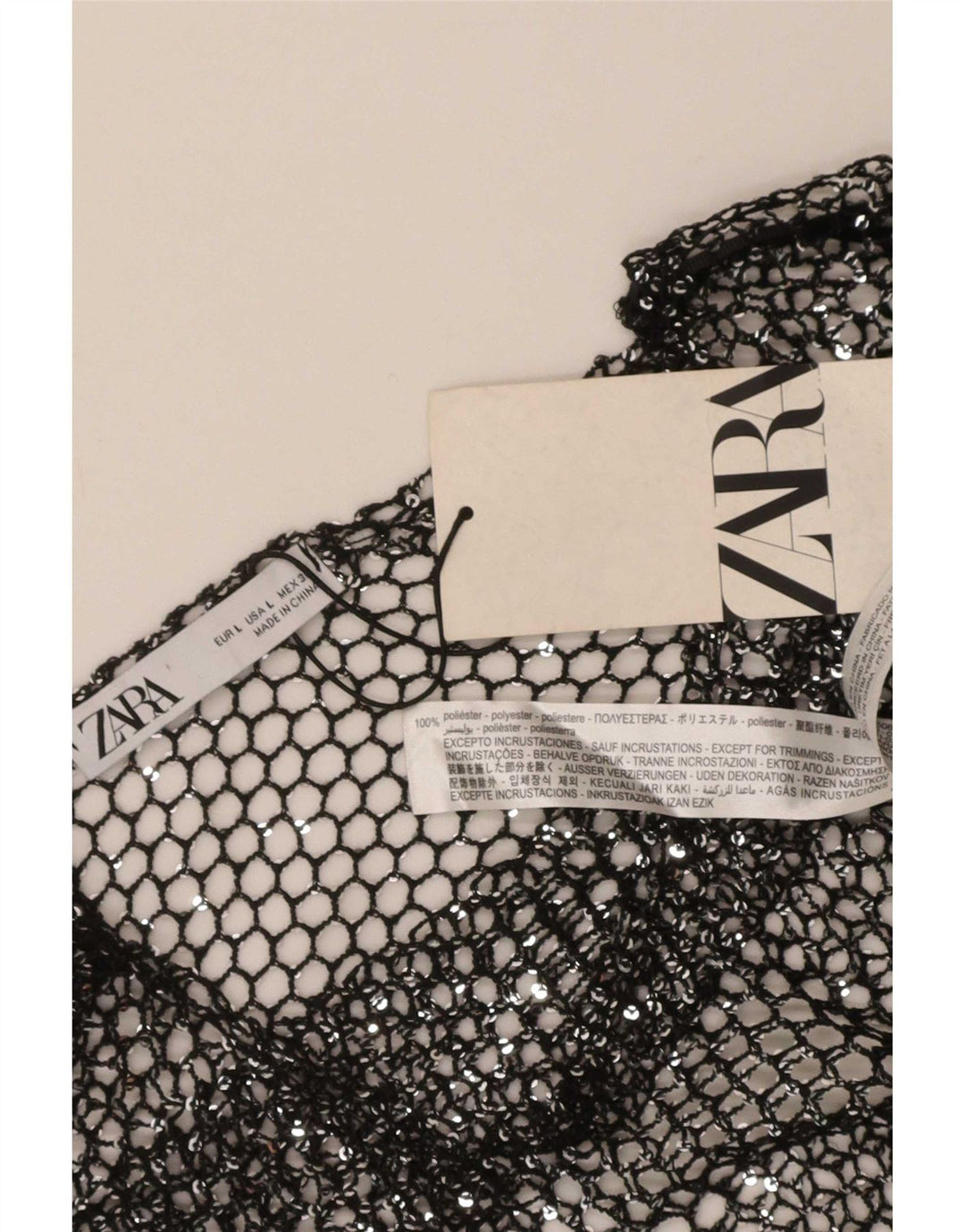 Damski, oversize'owy, szydełkowy top Zara UK 14, duży, czarny poliester
