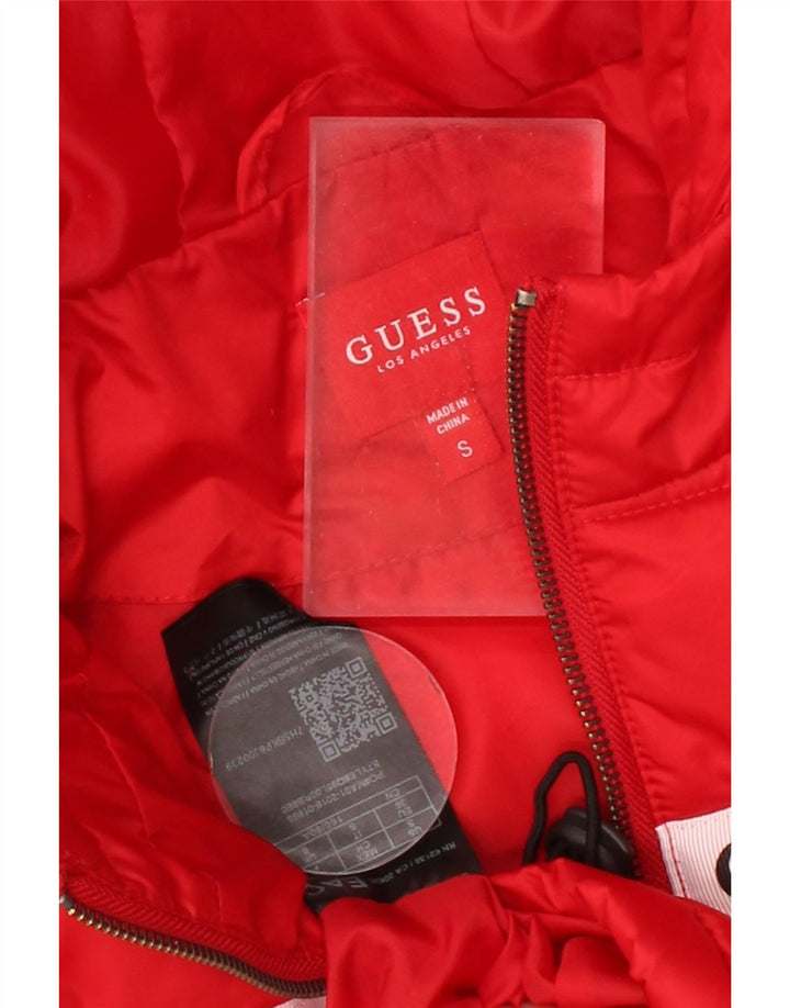 GUESS Womens Graphic Hooded Padded Jacket UK 10 Small Red Polyester Vintage Guess and Second-Hand Guess from Messina Hembry 