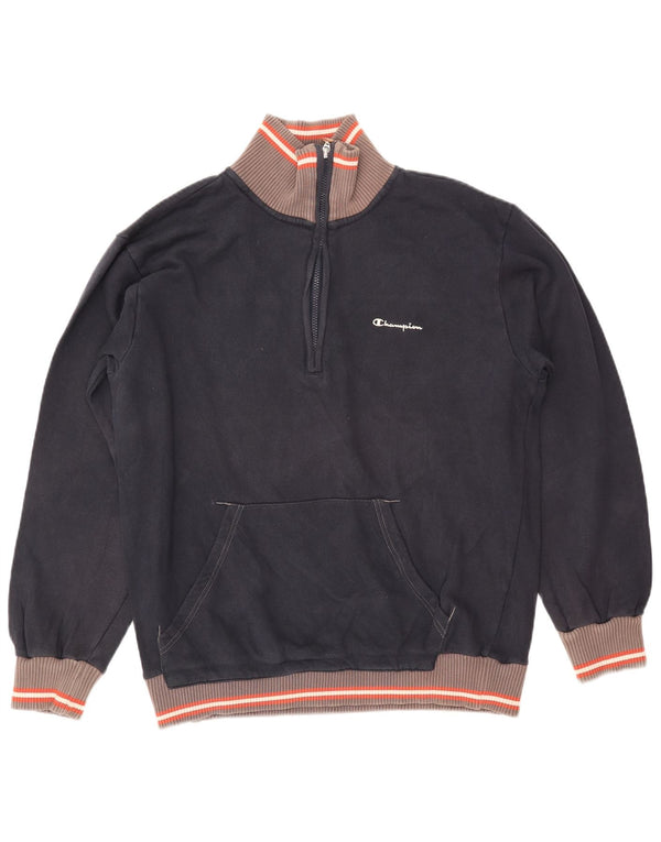 CHAMPION Mens Zip Neck Sweatshirt Jumper Large Navy Blue Colourblock