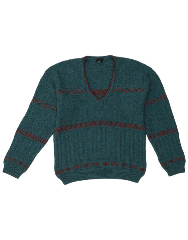 Męski sweter w stylu vintage z dekoltem w szpic IT 46 Mały zielony geometryczny akryl
