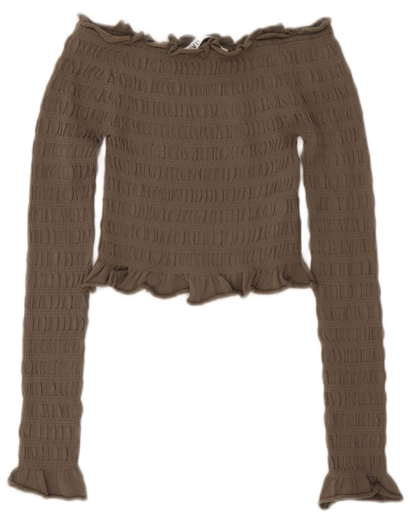 Damski krótki top Zara z długim rękawem i odkrytymi ramionami UK 10 Small Khaki Wiskoza
