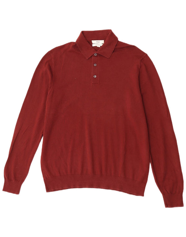 Marks & Spencer Męski sweter polo z kołnierzem, duży, bordowy, bawełniany