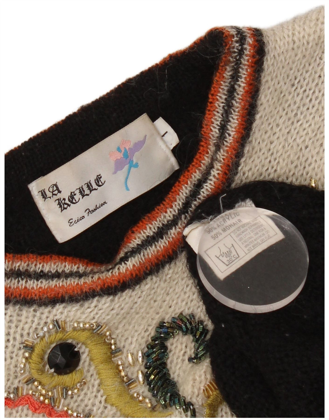 Sweter damski w stylu vintage z okrągłym dekoltem UK 14, średni czarny geometryczny