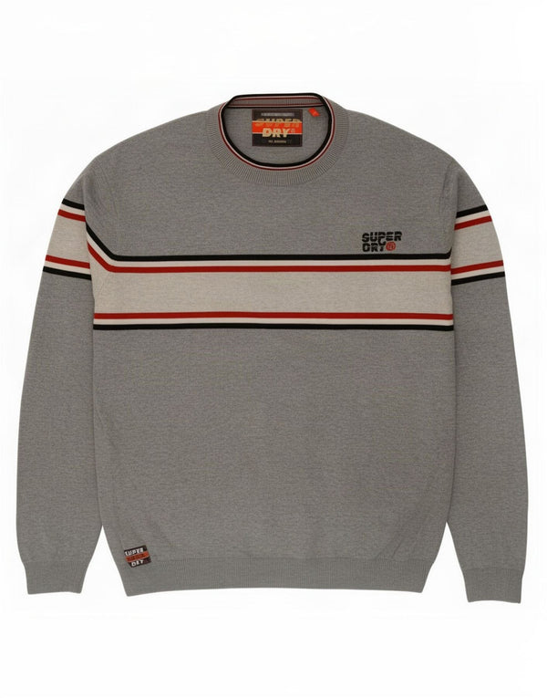 Męski sweter Superdry z okrągłym dekoltem XL, szara, bawełniana w bloki kolorów