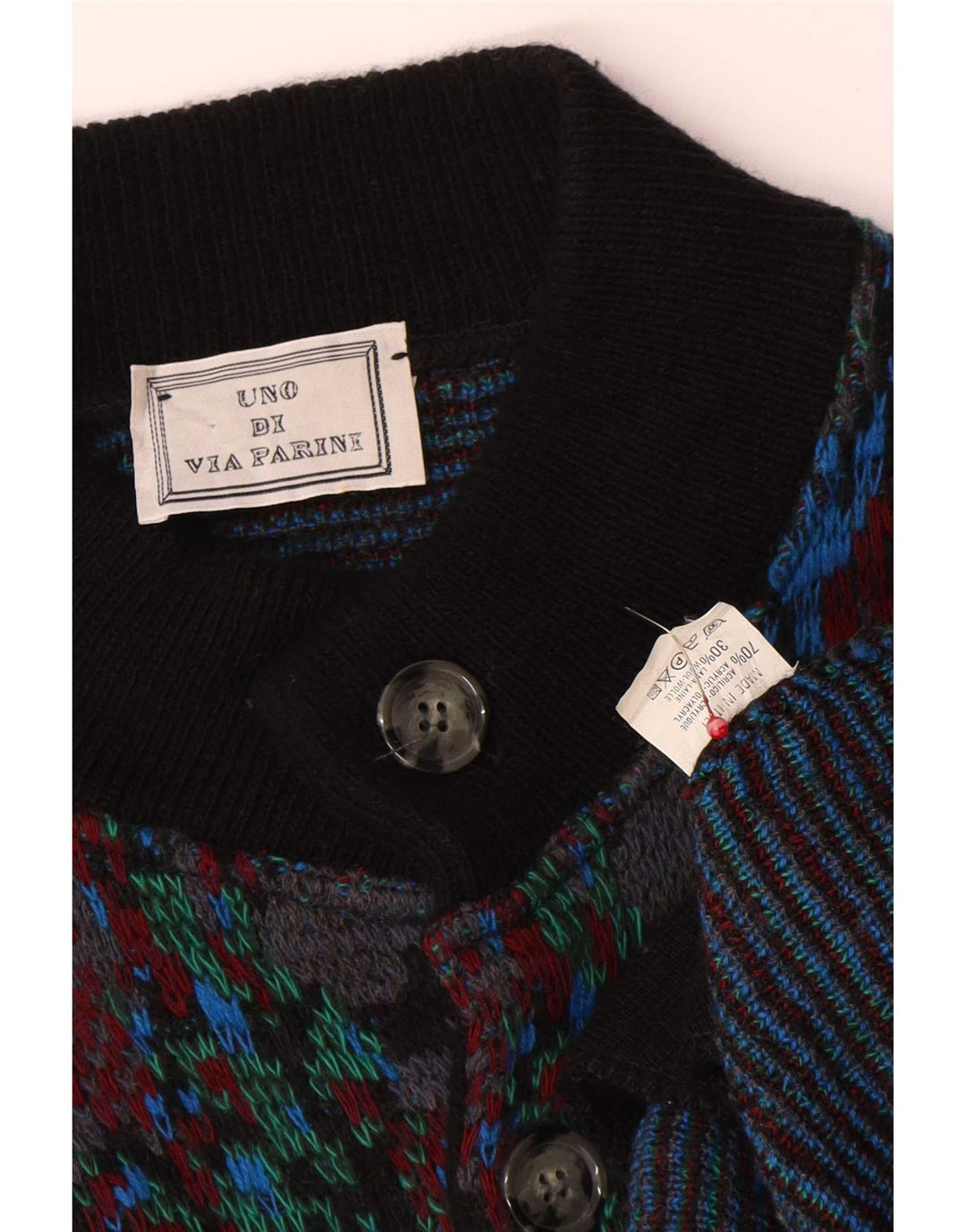Vintage męski sweter kardigan w abstrakcyjny wzór, średnia wielobarwna wełna