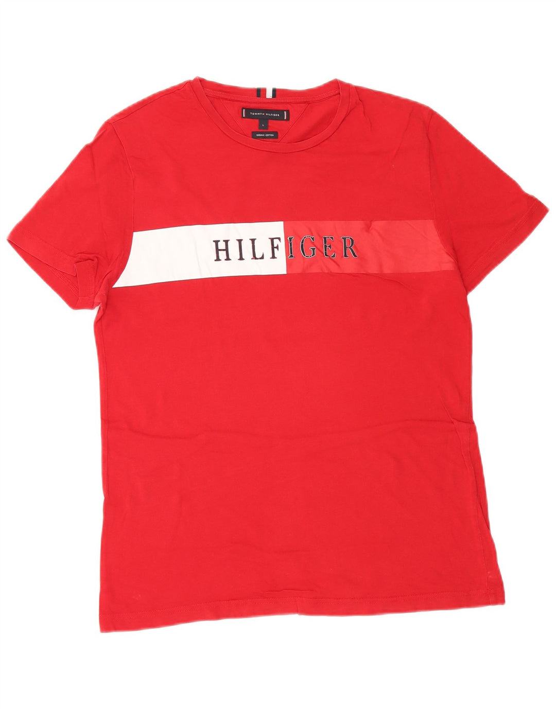 Męski T-shirt z grafiką Tommy Hilfiger, duży, czerwony, bawełniany blok kolorów