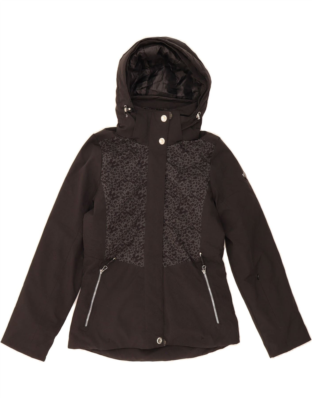 AST Womens Hooded Rain Jacket UK 10 Small Black Animal Print Polyester Vintage AST and Second-Hand AST from Messina Hembry 