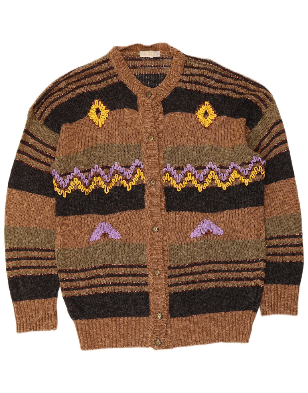 Vintage damski sweter rozpinany, duży, brązowy, lniany w paski