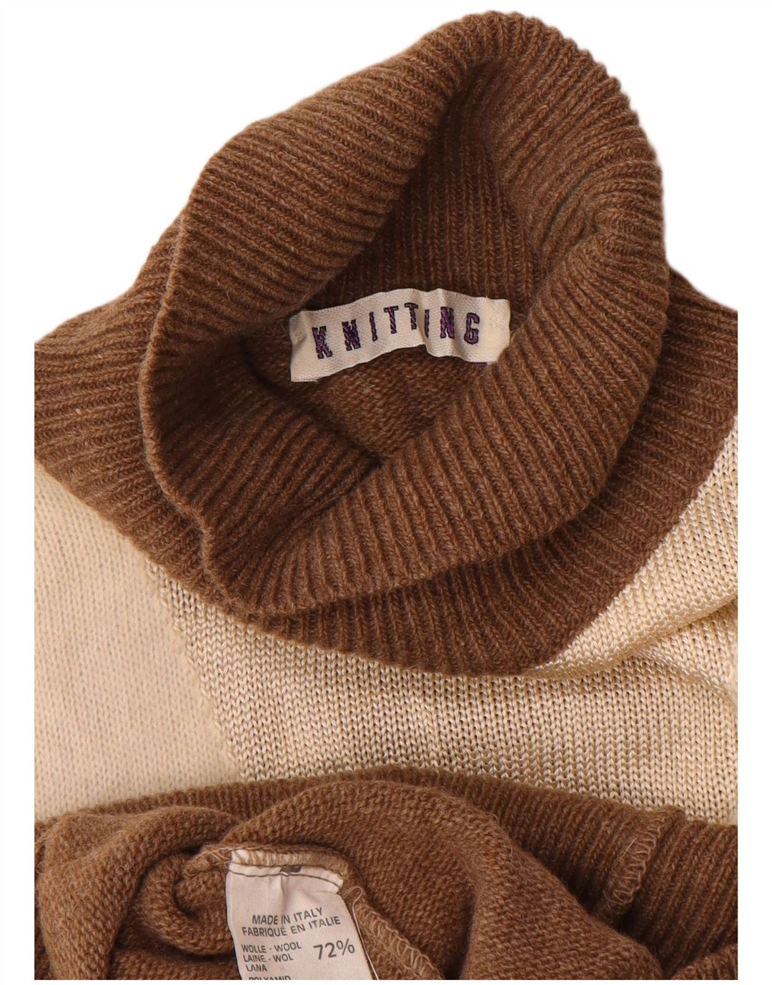 Vintage damski sweter z golfem UK 14, wełna w kolorze średniego brązu