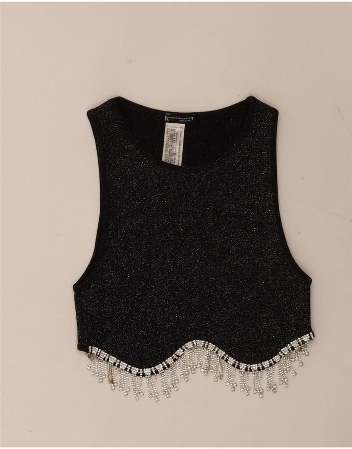 Damski krótki top bez rękawów Zara UK 4 XS, czarny, nakrapiany poliester