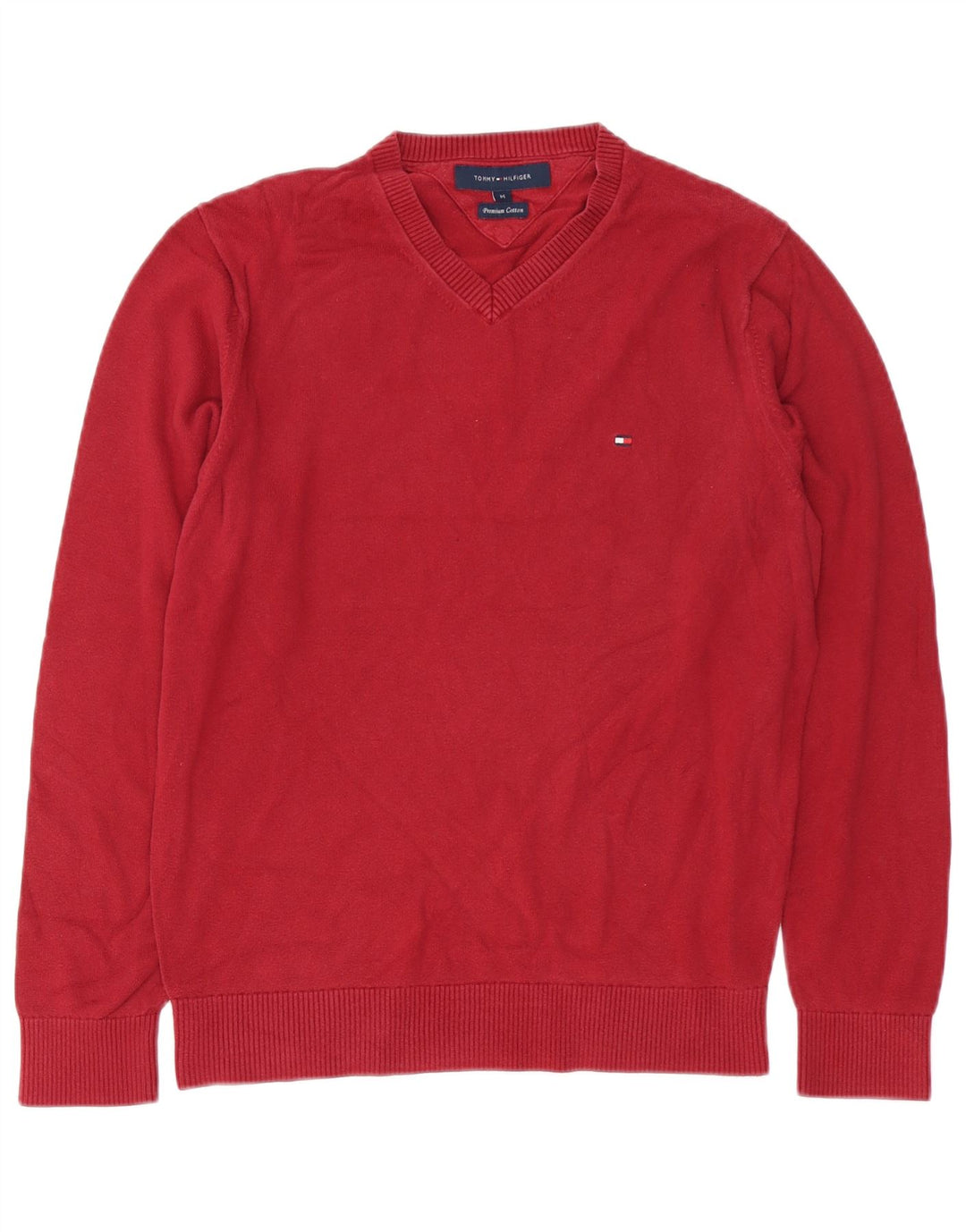 TOMMY HILFIGER Męski sweter z dekoltem w kształcie litery V, średnioczerwony, bawełniany