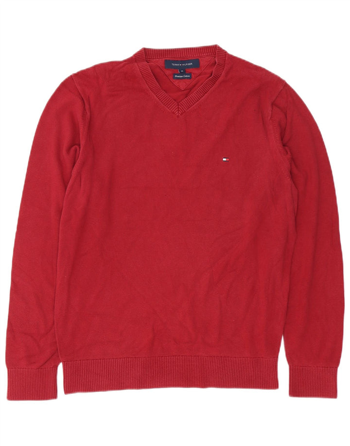 TOMMY HILFIGER Męski sweter z dekoltem w kształcie litery V, średnioczerwony, bawełniany