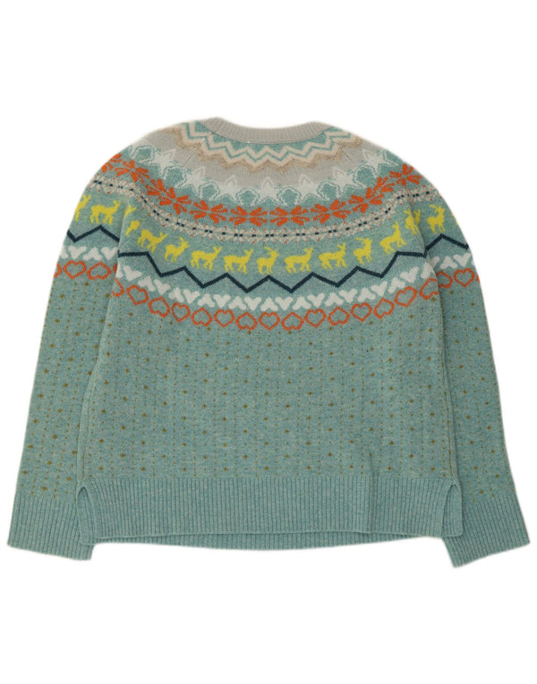 Damski sweter z dekoltem w łódkę White Stuff UK 14, duży, niebieski, wełniany Fair Isle