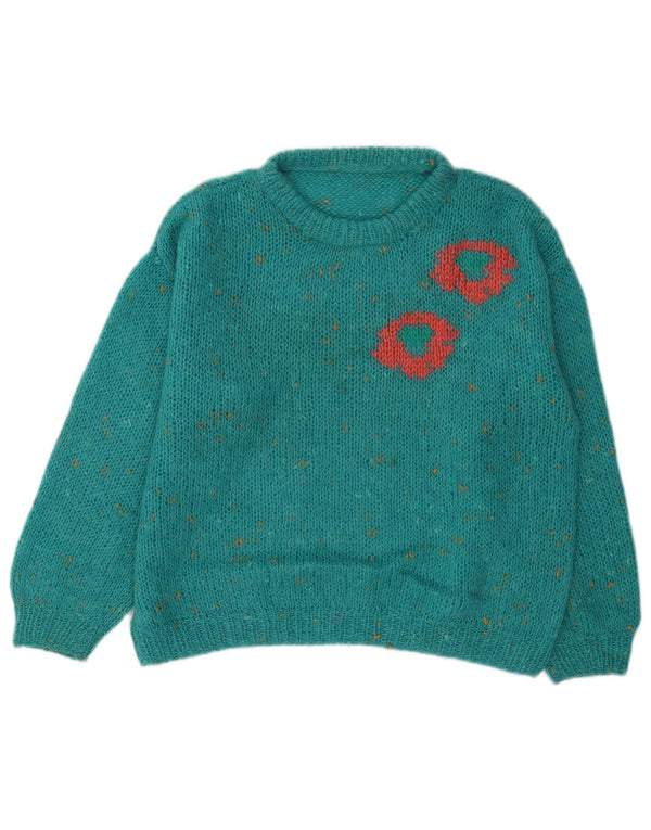 Sweter damski w stylu vintage z okrągłym dekoltem UK 16, duży, niebieski nakrapiany