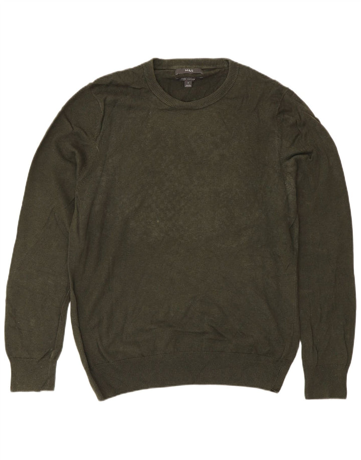 Marks & Spencer Męski sweter z okrągłym dekoltem, średni, bawełniany khaki