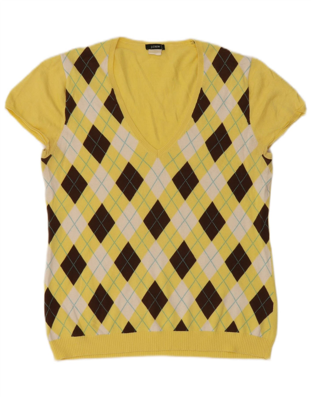 J. CREW Damski sweter z dekoltem w kształcie litery V, UK 12, średni żółty Argyle/Diament