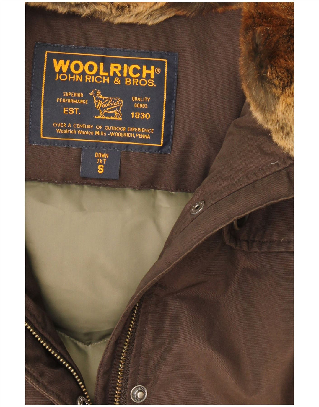 Damski ocieplany płaszcz z kapturem Woolrich UK 10 Small Brown Cotton