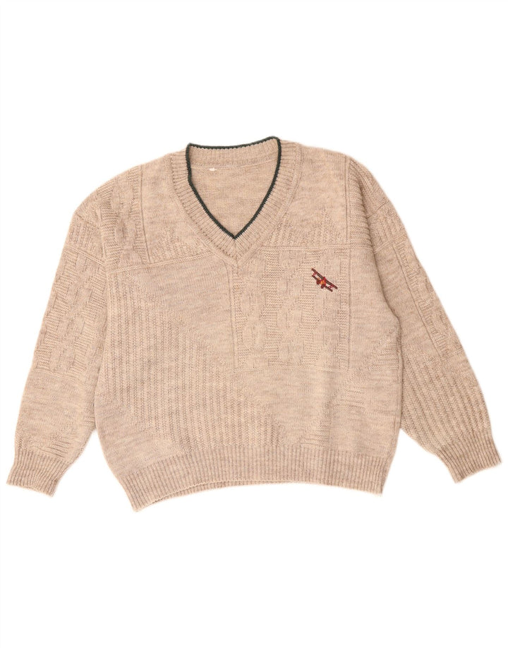 Sweter damski w stylu vintage z dekoltem w kształcie litery V, UK 18 XL, beżowy