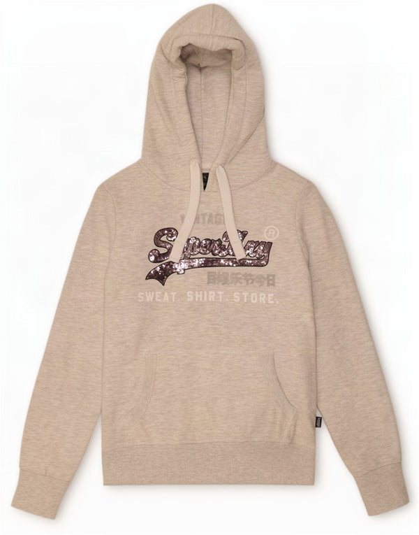 Superdry Womens Graphic Hoodie Jumper UK 12 Medium Grey Flecked Cotton