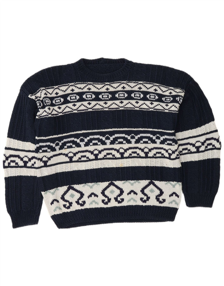 Vintage męski sweter z okrągłym dekoltem, duży granatowy Fair Isle