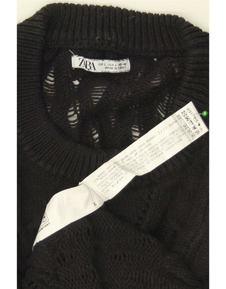 Zara Męski sweter z okrągłym dekoltem, duży, czarny, bawełniany