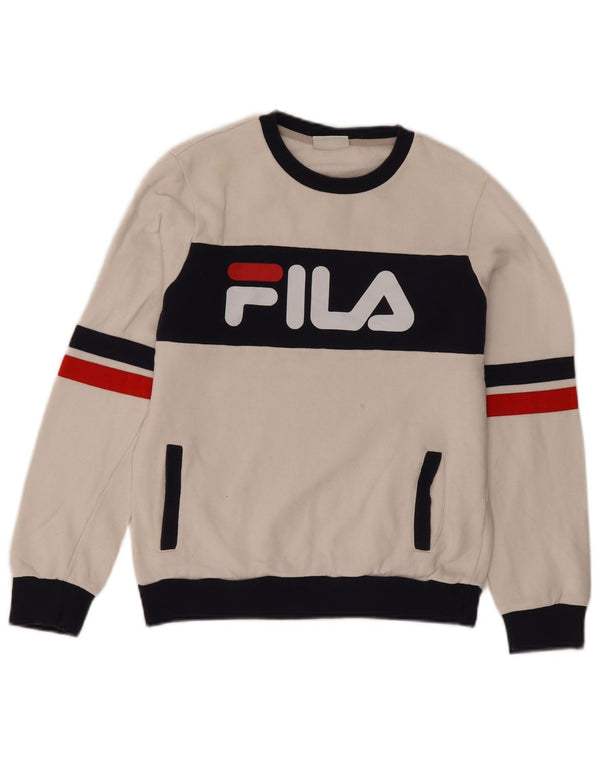 Damska bluza z grafiką Fila, UK 6 XS, biała bawełna z blokami kolorów
