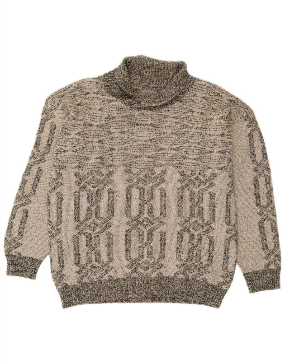 Vintage męski sweter z szalowym dekoltem, mały szary geometryczny akryl
