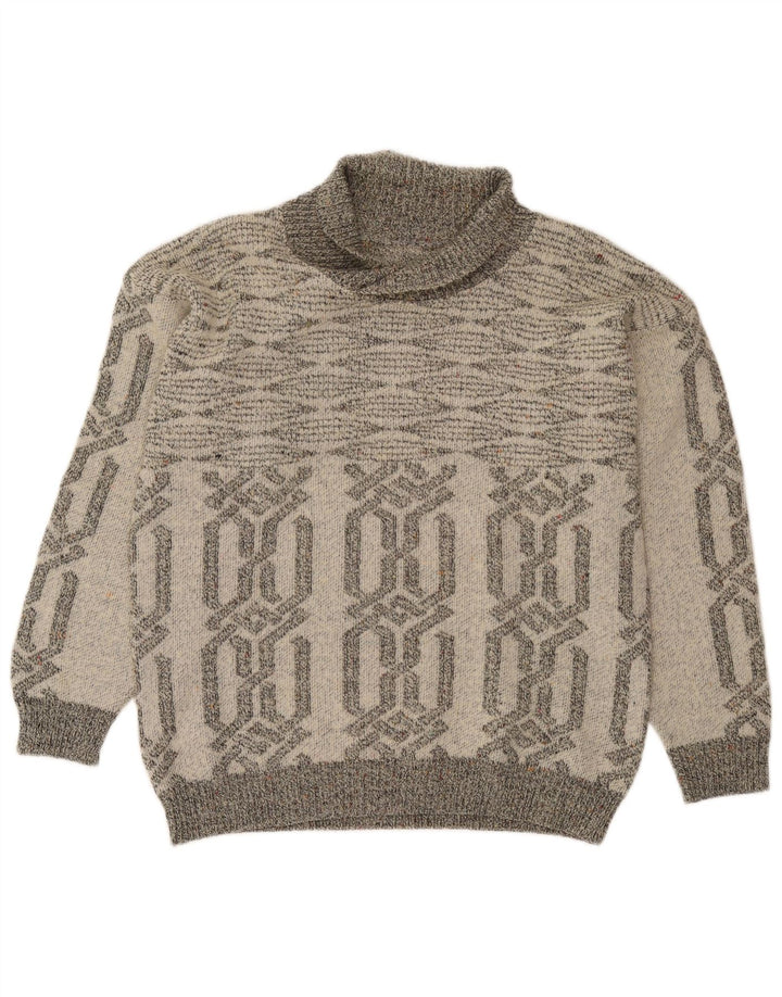 Vintage męski sweter z szalowym dekoltem, mały szary geometryczny akryl