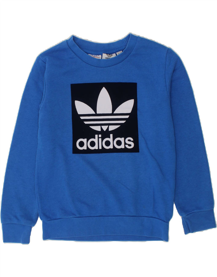 ADIDAS Boys Graphic Sweatshirt Jumper 7-8 Years Blue Cotton Vintage Adidas and Second-Hand Adidas from Messina Hembry 