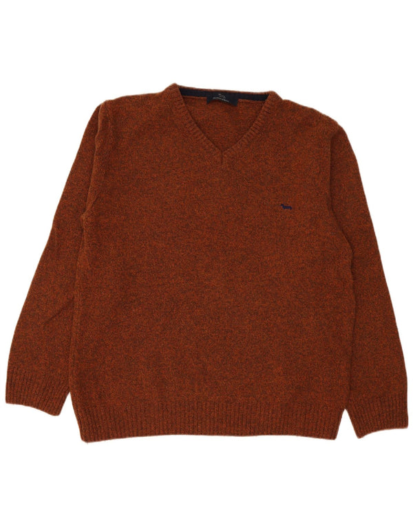 Harmont & Blaine Męski sweter z dekoltem w kształcie litery V 2XL Brązowy nakrapiany owcza wełna