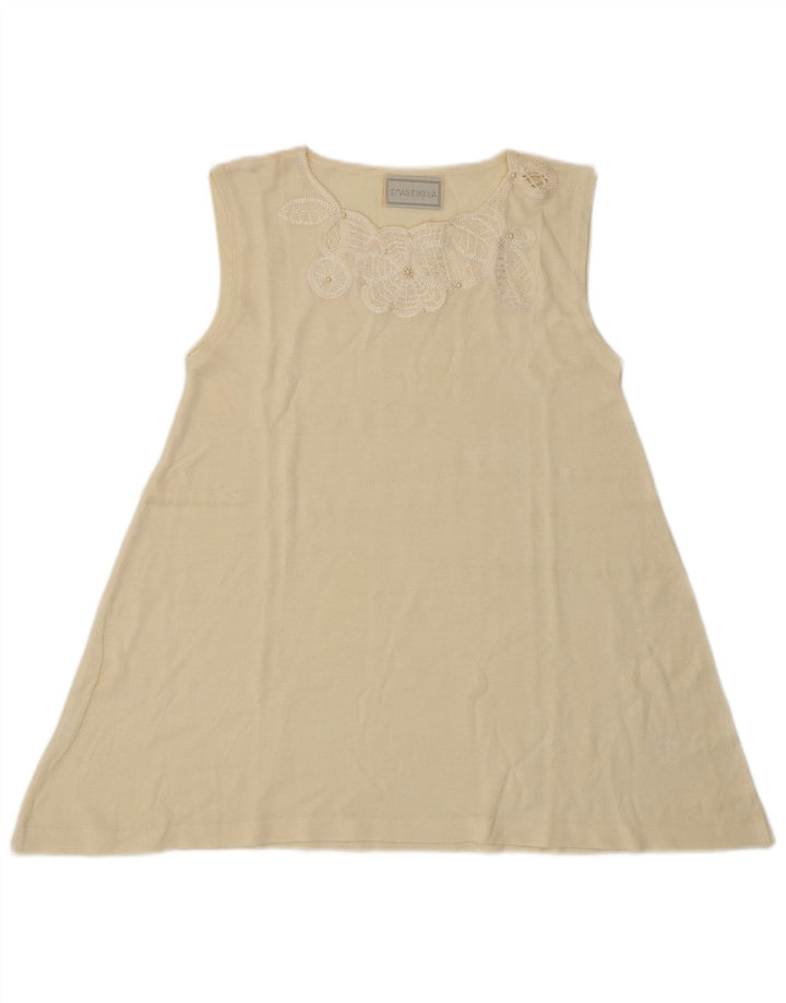 Damska bluzka bez rękawów w stylu vintage, UK 8, mała w kolorze złamanej bieli, w kwiaty