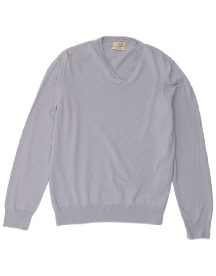 Marks & Spencer Męski sweter z dekoltem w kształcie litery V, XL, niebieski, bawełniany