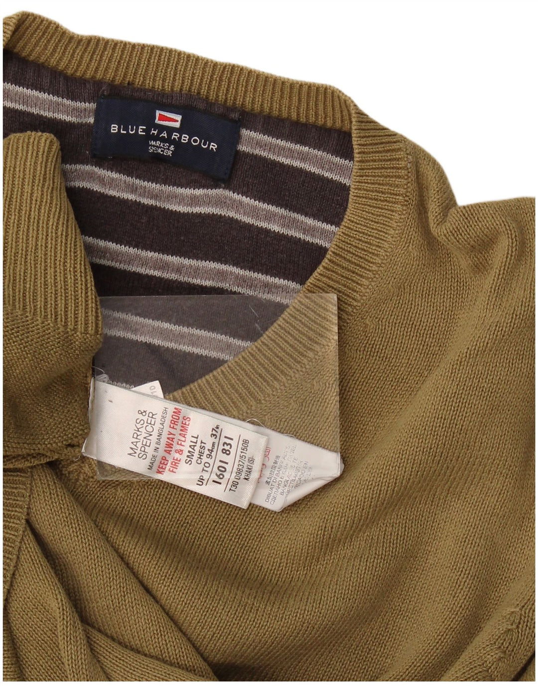 Marks & Spencer Męski sweter w kolorze niebieskim z dekoltem w kształcie litery V, mały, bawełniany khaki