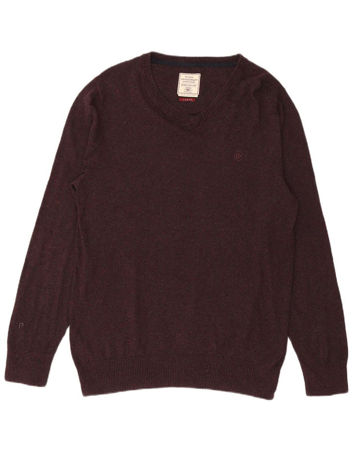 Męski sweter Fat Face z dekoltem w szpic, duży, fioletowy, bawełniany