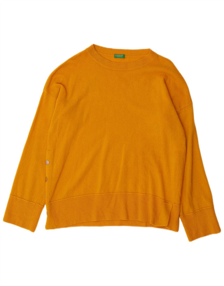 BENETTON Damski sweter oversize z okrągłym dekoltem UK 10, mały, żółty, wełniany