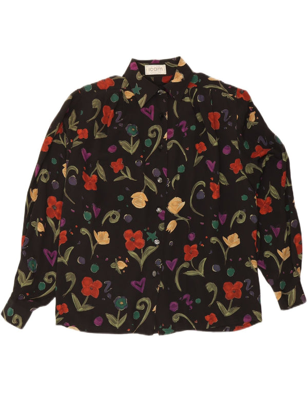 ICAM Womens Shirt Blouse IT 46 Large Black Floral Acetate