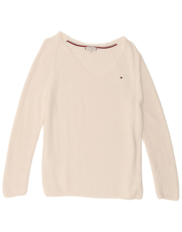 Damski sweter Tommy Hilfiger z dekoltem w kształcie litery V, UK 14, średnia biała bawełna