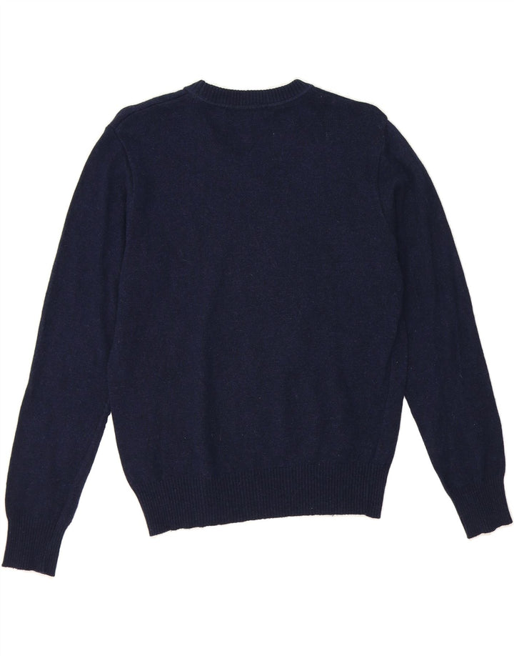 VINTAGE Womens Graphic V-Neck Jumper Sweater IT 42 Medium Navy Blue Wool Vintage Vintage and Second-Hand Vintage from Messina Hembry 
