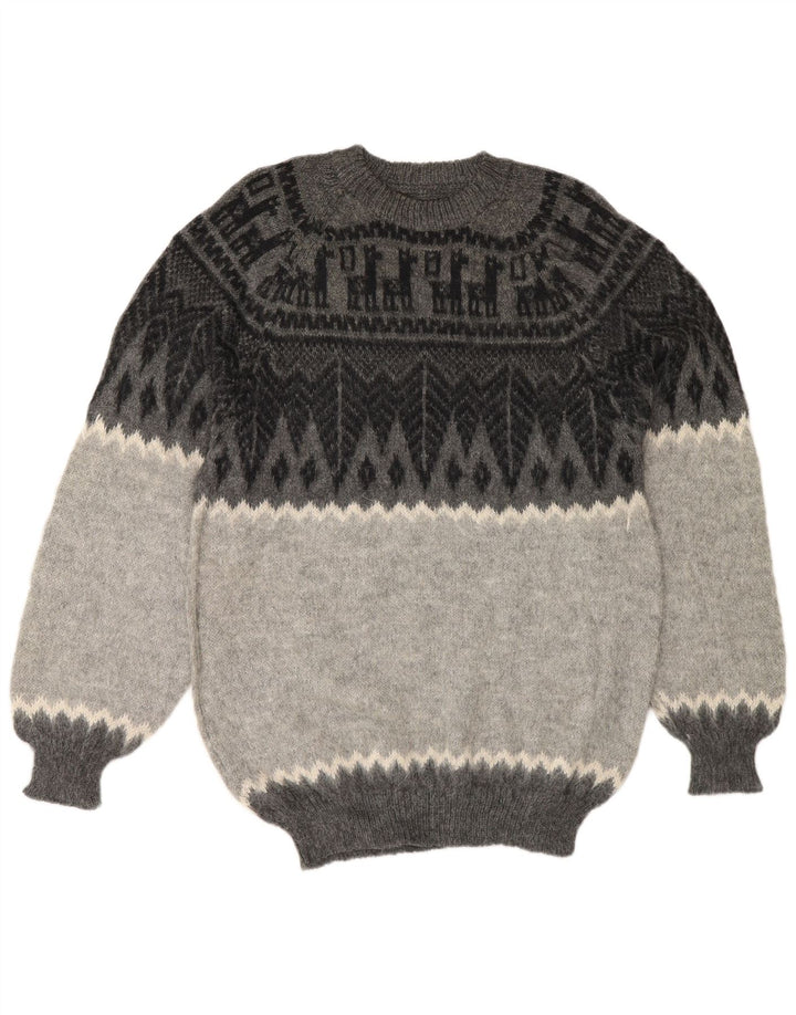 Vintage męski sweter z okrągłym dekoltem, mały szary geometryczny