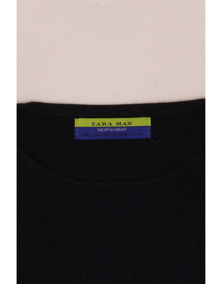 Męski sweter Zara z okrągłym dekoltem, duży, granatowy