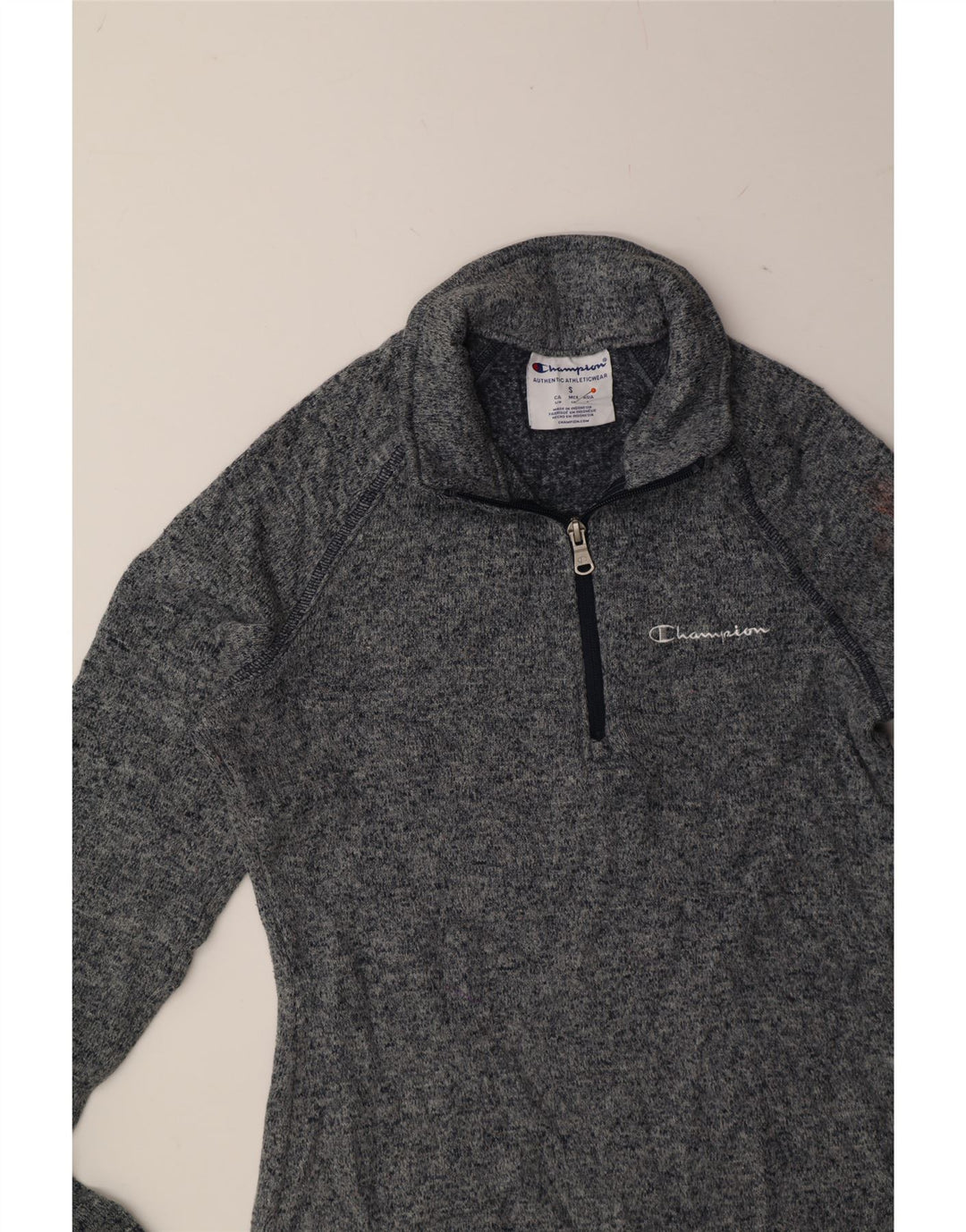 CHAMPION Womens Zip Neck Jumper Sweater UK 10 Small Blue Flecked Polyester Vintage Champion and Second-Hand Champion from Messina Hembry 