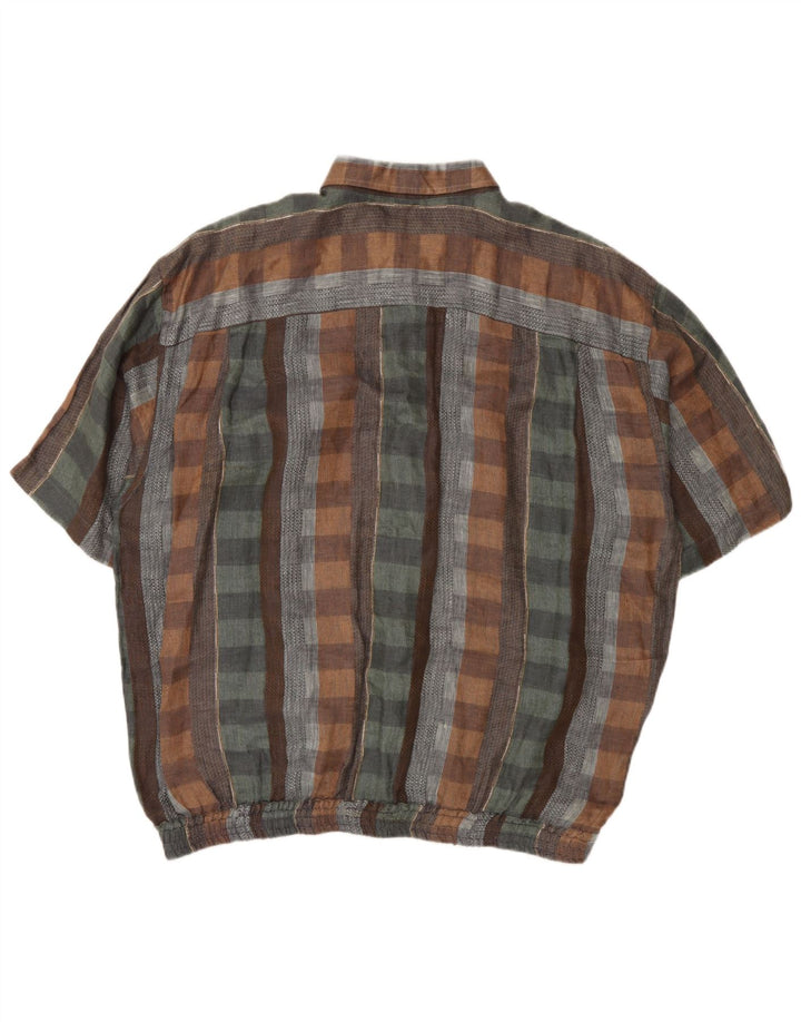 Vintage męska koszula pulowerowa z krótkim rękawem XL, wielokolorowa lniana krata
