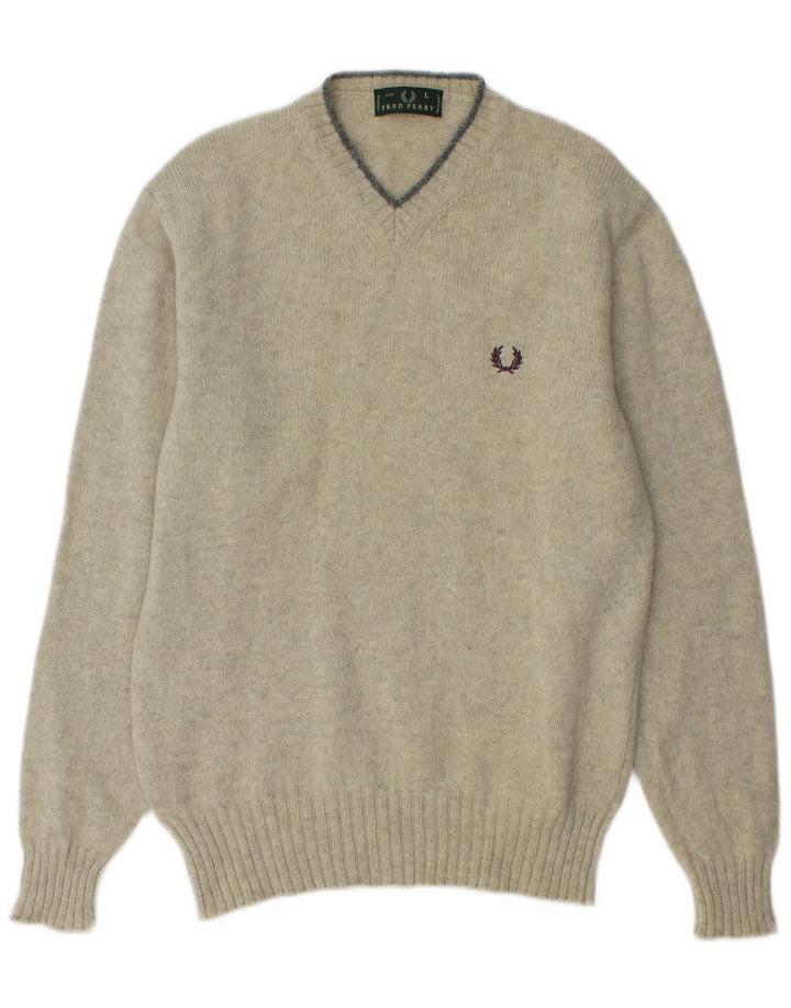 FRED PERRY Męski sweter z dekoltem w kształcie litery V, duży, zielony, wełniany