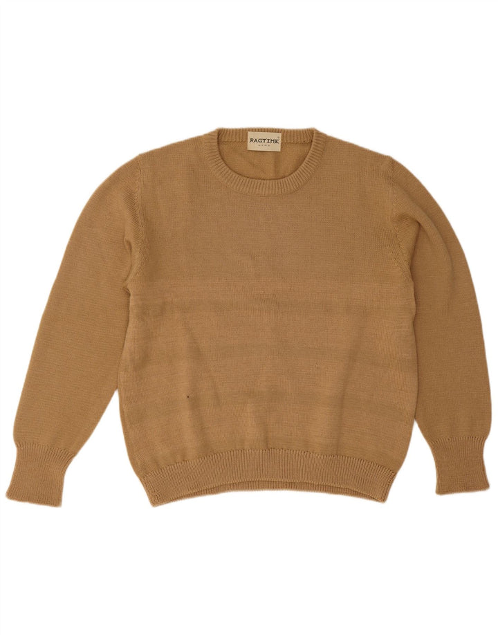 Vintage męski sweter z wycięciem pod szyją, duże brązowe paski