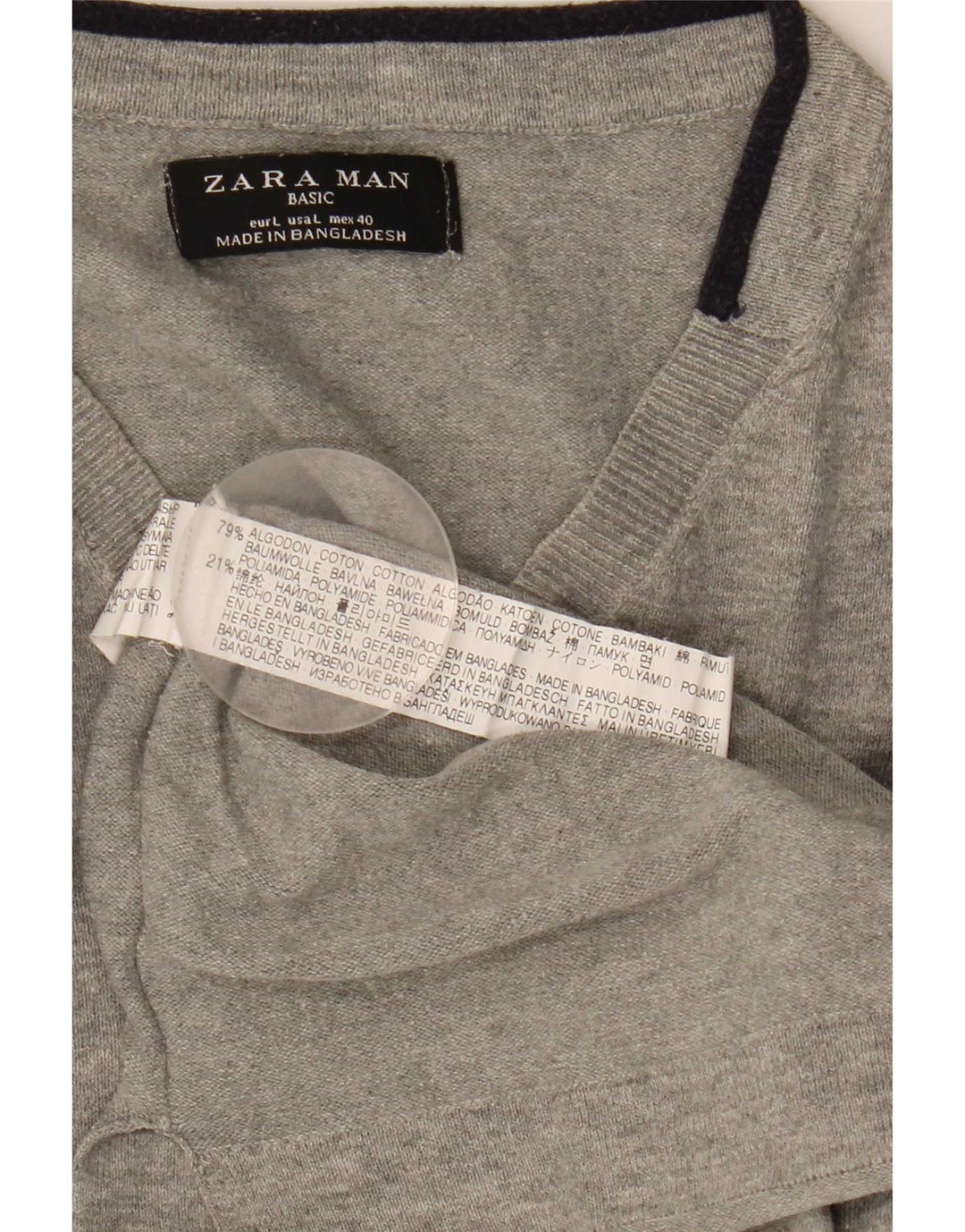 Męski sweter Zara z dekoltem w kształcie litery V, duży, szary, bawełniany